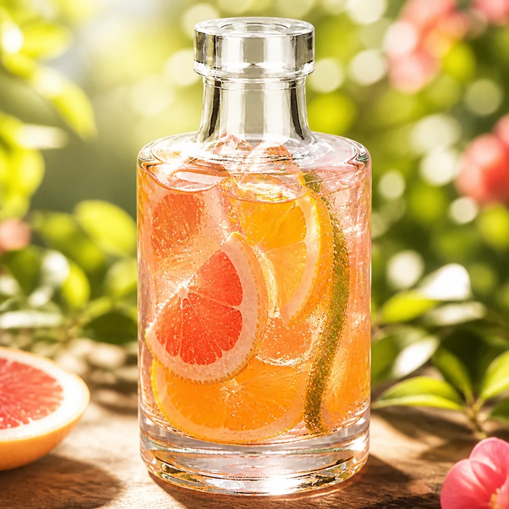 100ml Glasflasche "Marie" ohne Verschluss UNiTWIST 100 ml:n lasipullo Marieta greippijuomalla ja jääkuutioilla luonnollisessa puutarhaympäristössä hedelmien kanssa.
