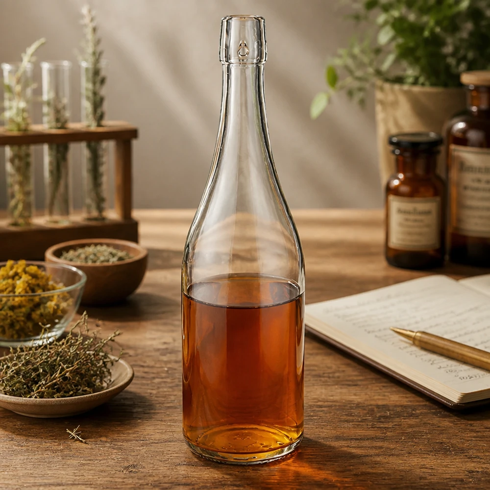750 ml:n lasipullo ilman kääntökorkkia UNiTWIST 750ml UNiTWIST lasipullo täynnä yrttiteetä apteekkariympäristö kuivattuja lääkekasveja muistiinpanovihko reseptikirjaan
