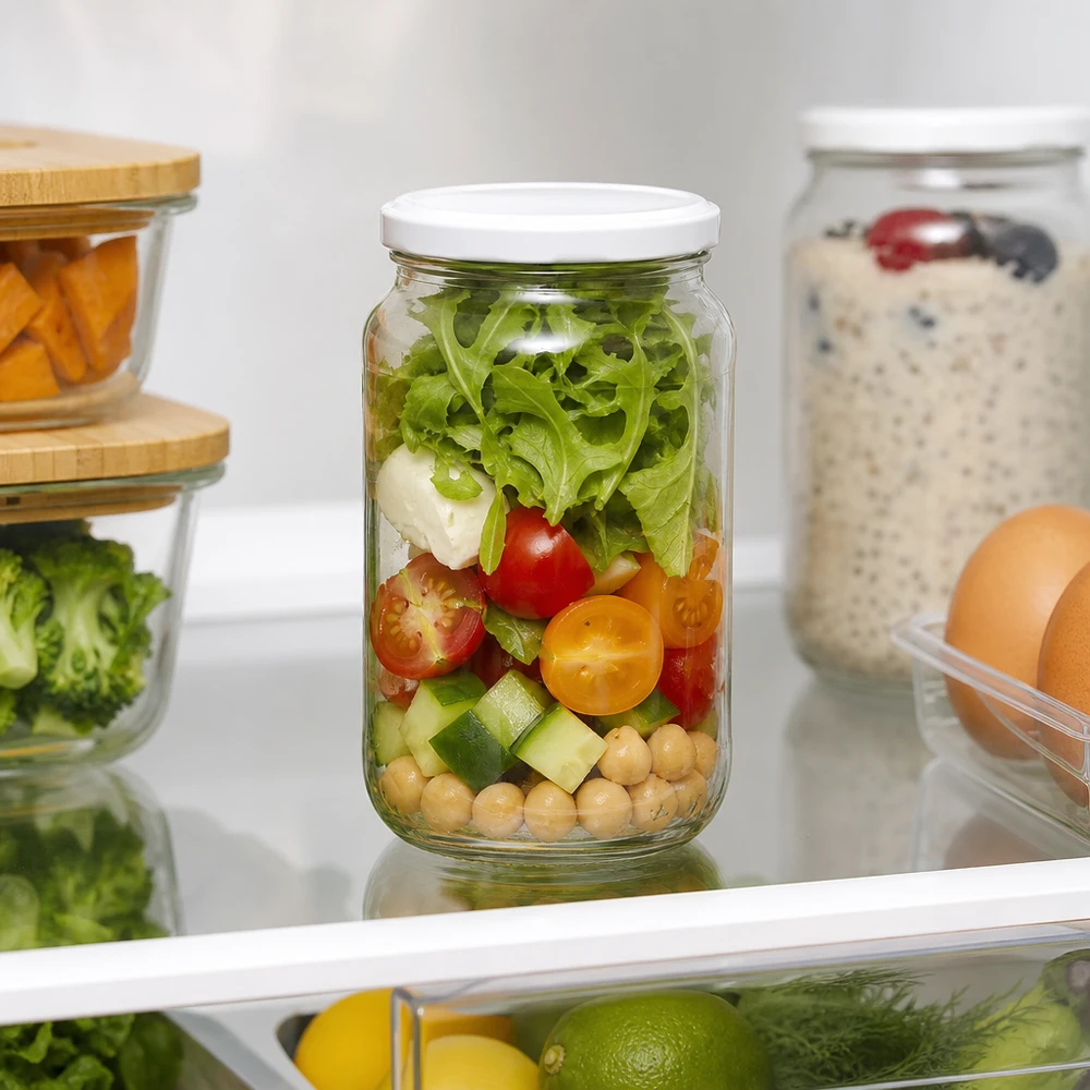 1062ml pyöreä purkki BasicSeal-kannella valkoinen UNiTWIST 1062ml pyöreä purkki BasicSeal kansi salaatilla jääkaapissa Meal Prep Container säilytys tuoreet elintarvikkeet