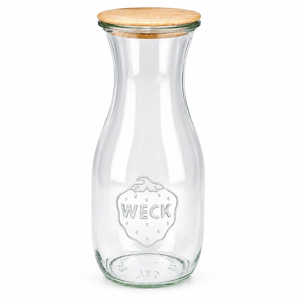 530ml mehupullo WECK RR60, jossa on puinen kansi WECK mehupullo 530ml lasista, jossa on puukansi RR60 säilöntäpurkki mehuille ja juomille läpinäkyvää
