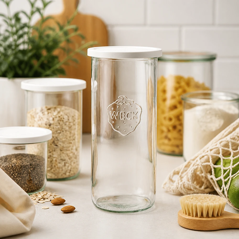 1500ml juomapullot tuoreella kannella WECK RR100 WECK 1500ml RR100 tumblers modernissa keittiössä, jossa on pastan säilytyspurkkeja ja kestäviä ekotuotteita.
