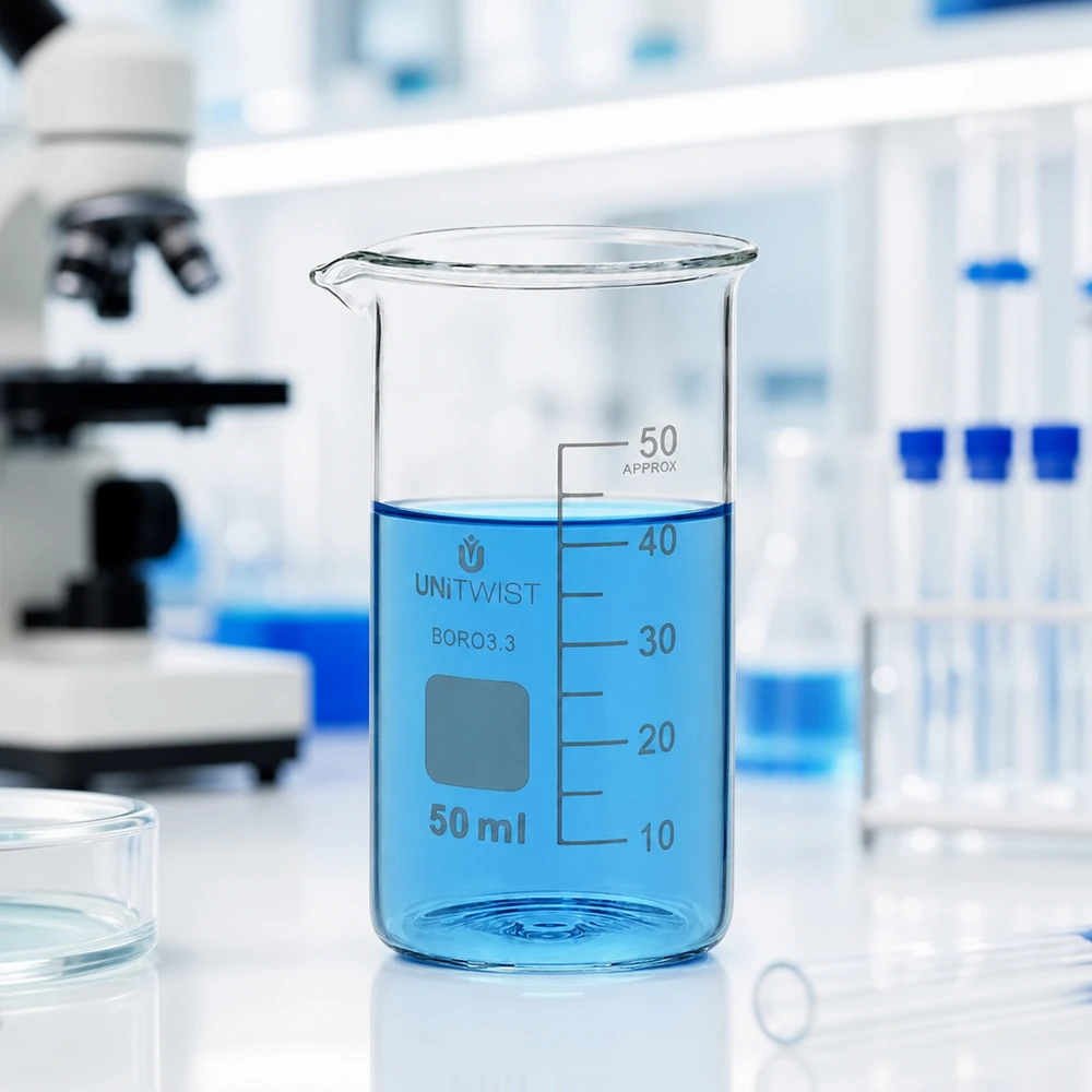 UNITWIST-lasimuki, 50 ml, borosilikaattia, korkea malli, jossa on sinistä nestettä laboratoriossa