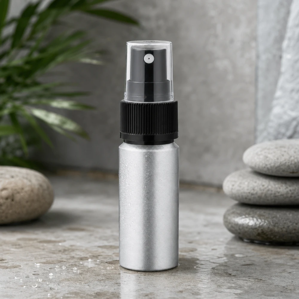 20ml värjätty alumiinipullo, jossa on sumutin. Tyylikäs 20 ml:n alumiinipullo, jossa on läpinäkyvä suihkupää kosmetiikkatuotteiden tarkkaan annosteluun.