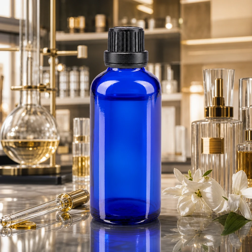 Sininen 50 ml:n lasipullo, jossa on musta lapsiturvallinen korkki, hajusteiden laboratoriossa