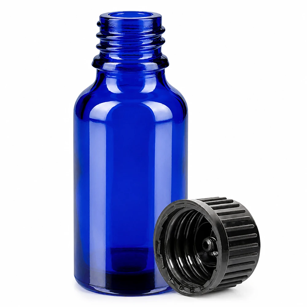 20ml pullo 11mm kierrekorkki musta Standard BlueLine UT18/20 Standard BlueLine UT18/20 Pieni 20 ml:n pullo 11 mm:n kierteellä, koboltinsininen, nesteiden tarkkaan annosteluun.