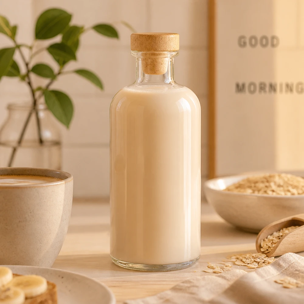 Flora 500ml lasipullo täynnä kauramaitoa kaurahiutaleiden ja kulhon välissä luonnollisessa keittiössä.