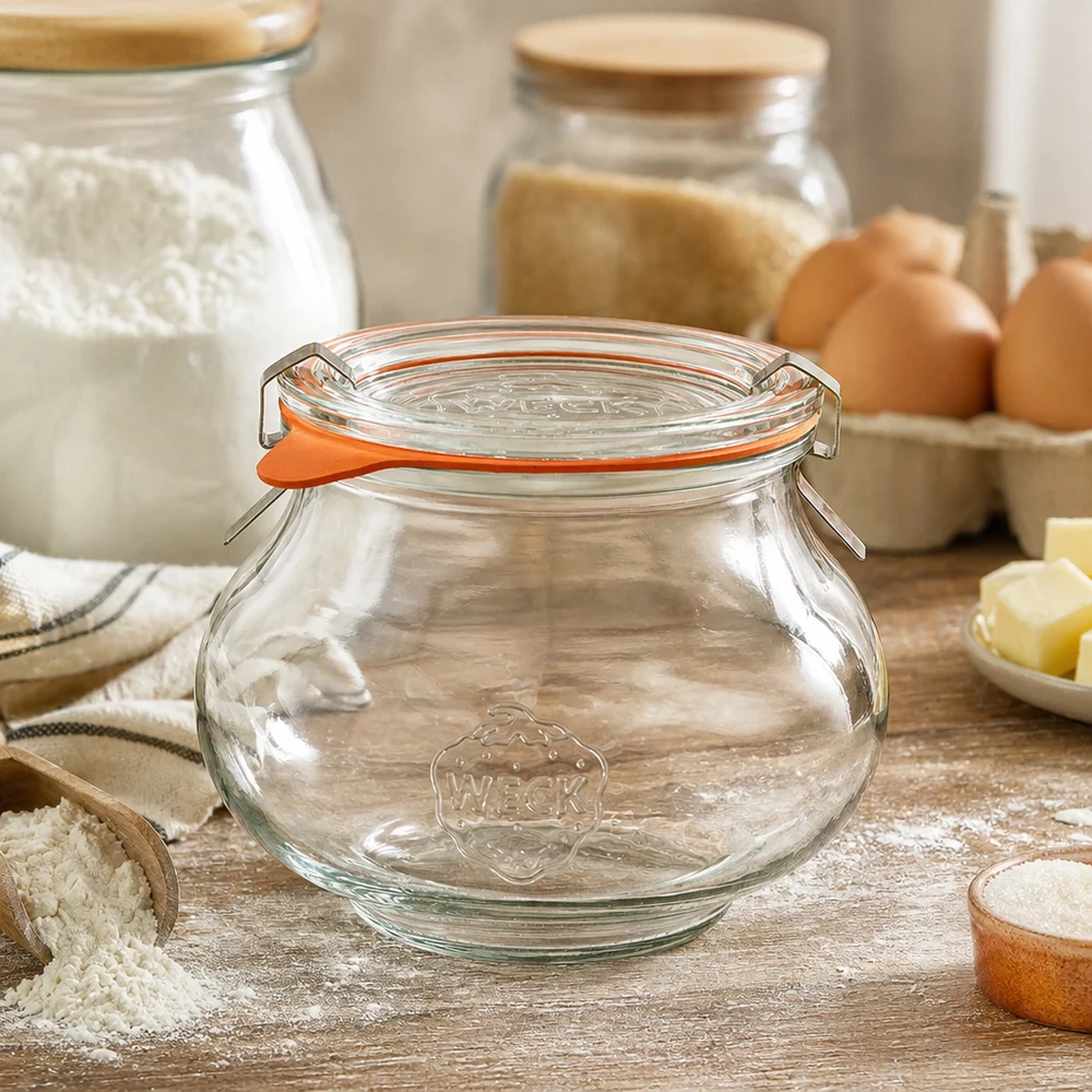 560 ml:n koristepurkki, täydellinen WECK RR80 WECK koristeellinen purkki 560ml RR80 maalaismaisessa keittiössä, jossa on leivonta-aineita, jauhoja ja munia, täydellinen keittiön organisointiin.