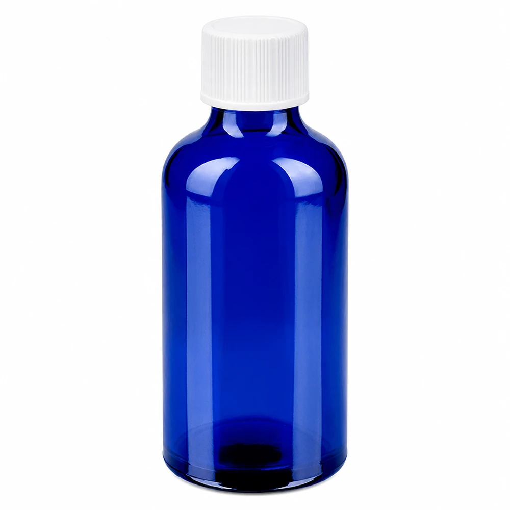 50ml sininen lasipullo, jossa valkoinen kierrekorkki 11mm SV STD BlueLine UT18