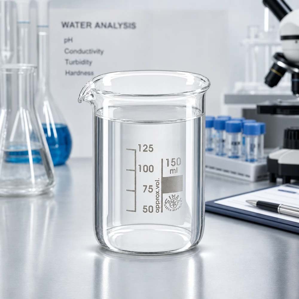 Matalan muotoinen 150ml:n dekantterilasi, borosilikaattilasi Läpinäkyvä laboratoriolasi 150ml, valmistettu kestävästä borosilikaattilasista, jossa on selkeä tilavuuden osoitin.