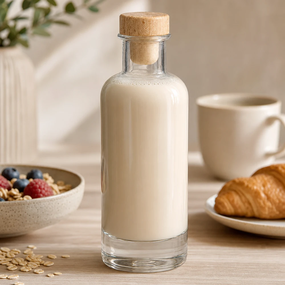 200 ml:n Ella-lasipullo, jossa on puukorkki ja joka on täytetty kauramaidolla aamiaispöydässä myslin ja croissantin kanssa.