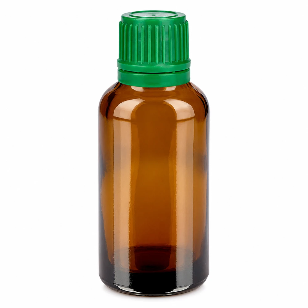 30ml pullo 11mm ruuvikorkki vihreä väärentämisen estävä sulkeminen BrownLine UT18/30 30ml ruskea lasipullo vihreällä kierrekorkilla eteerisille öljyille ja lääkkeille.