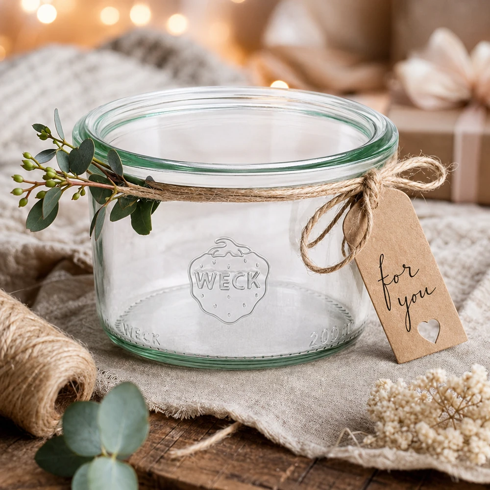 200 ml:n WECK RR80 -lasipurkki WECK tumblers 200ml RR80 kannella, koristeltu eukalyptuksella ja lahjatunnisteella maalaismaisella puupöydällä.