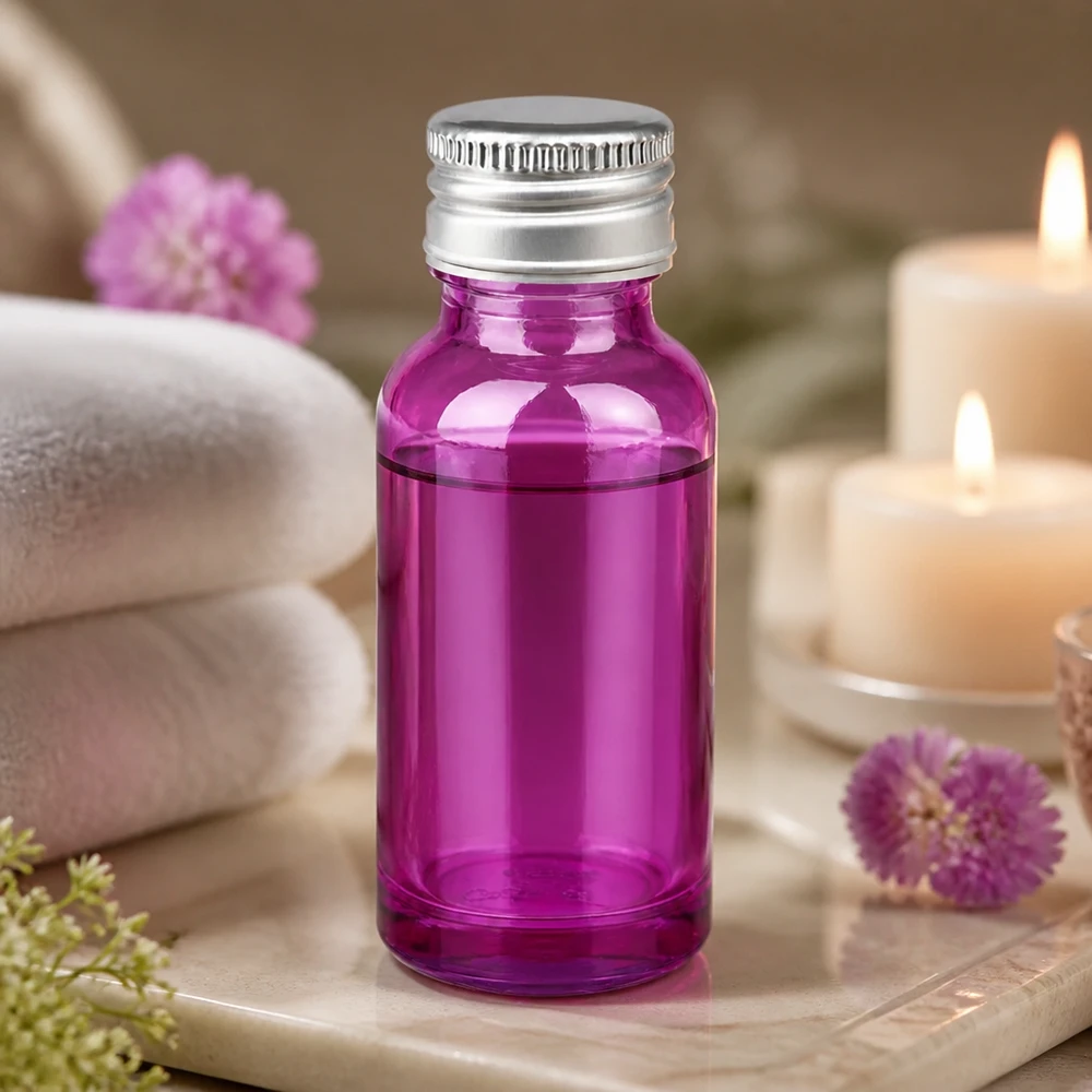 Kompakti 20ml violetti pullo, jossa on uritettu alumiinikansi esanssien tarkkaa annostelua varten.