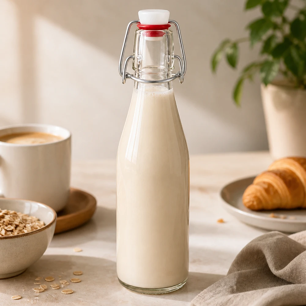 250 ml:n lasipullo, jossa on heilurikorkki ja joka on täytetty maidolla kaurahiutaleiden, kahvikupin ja croissantin vieressä.