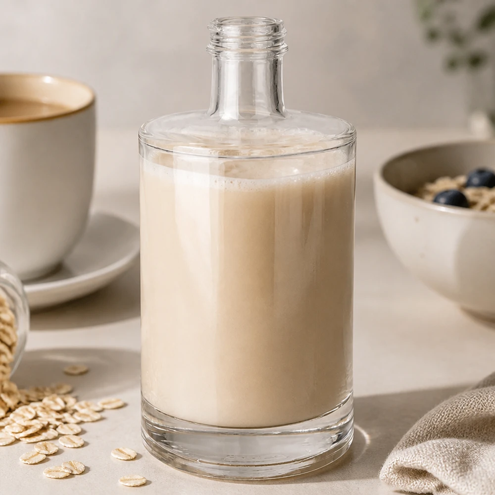 500ml Glasflasche "Sam" ohne Schraubverschluss UNiTWIST 500ml Glasflasche Sam mit Hafermilch befüllt neben Kaffeetasse und Haferflocken stylische Küchenszene morgendlicher Life