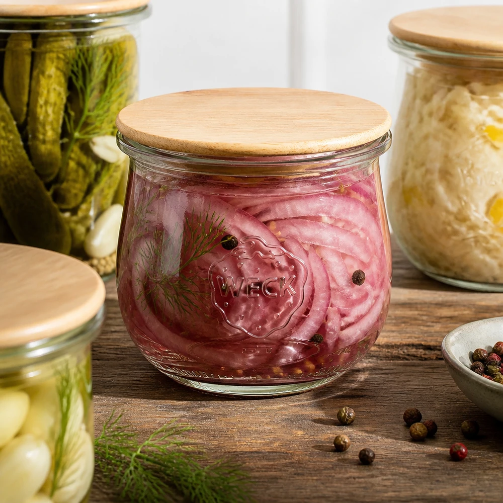 370ml tulppaanipurkki WECK RR80, jossa on puukansi WECK tulppaanipurkki 370ml RR80, jossa on puinen kansi marinoidulle punasipulille maustepurkkien välissä puupöydällä.