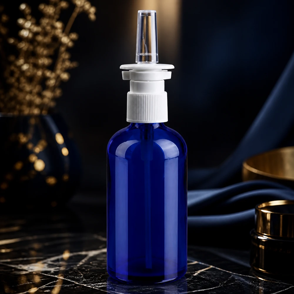 Lääketieteellinen lasipullo 100ml, jossa on tarkka nenäsumutinjärjestelmä ja hygieeninen korkki.