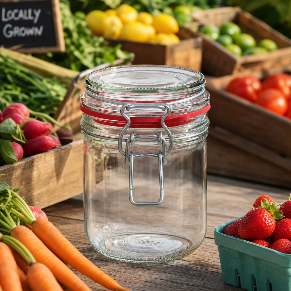 400 ml:n pyöreä purkki, jossa on kestävästä kirkkaasta lasista valmistettu kääntyvä tulppa, pitkäaikaiseen keittiöorganisaatioon.