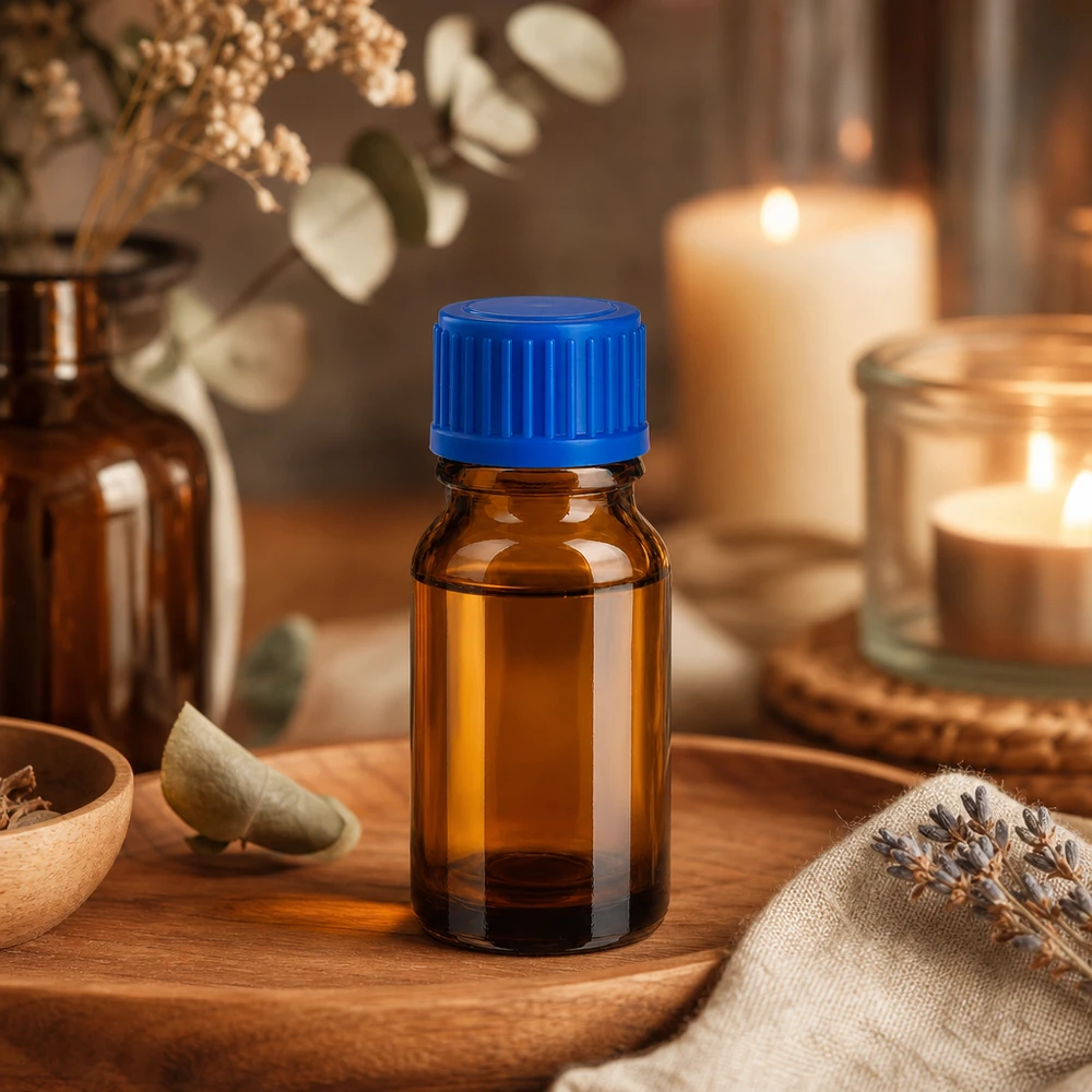 Laadukas meripihkanvärinen lasipullo 10ml, jossa on UV-suoja ja käytännöllinen sininen kierrekorkki.