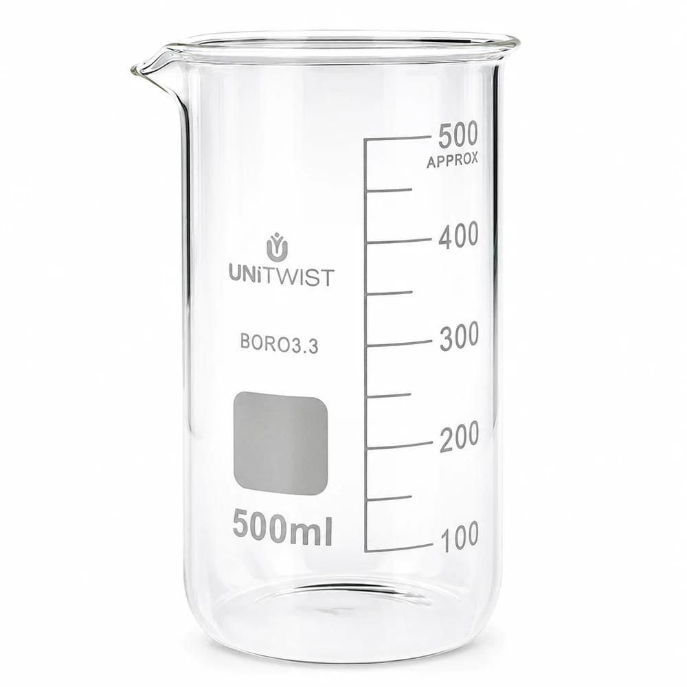 500 ml:n dekantterilasi, korkea muotti UNiTWIST UNITWISTin 500 ml:n korkea borosilikaattilasi (tyyppi 3.3) -mitta-astia, jossa on millilitra-asteikko