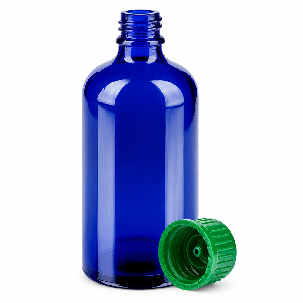 100ml pullo 11mm kierrekorkki vihreä Standard BlueLine UT18/100 Sininen 100 ml:n lasipullo BlueLine-sarja 11 mm:n kierteellä ja vihreällä korkilla UT18/100