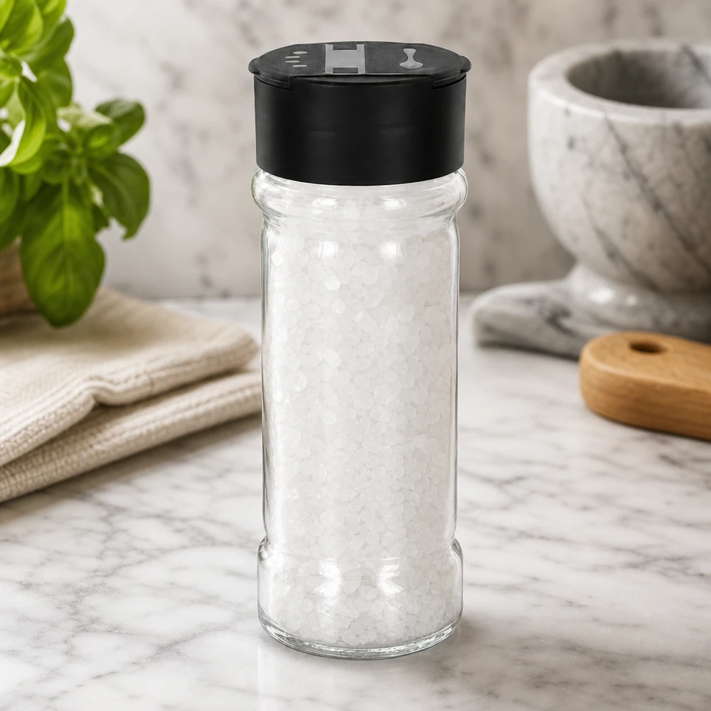 100 ml:n suolasirotin, täytetty karkealla merisuolalla ja varustettu mustalla kaksoissirotinkannella, marmorialustalla