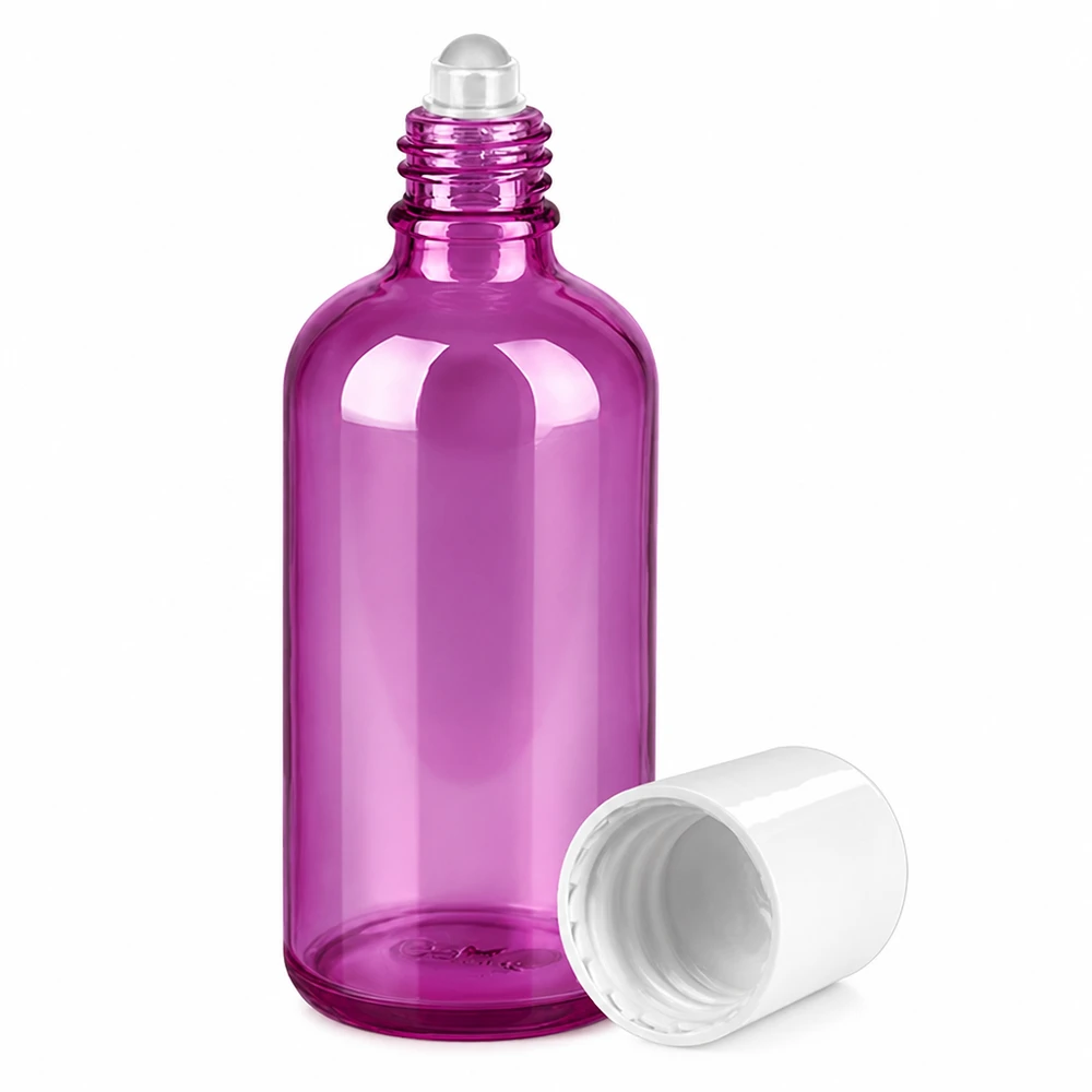 100ml roll-on-pullo valkoinen vakio PurpleLine UT18/100 Violetti 100ml lasipullo, jossa on roll-on applikaattori öljyjen ja seerumien tarkkaan levittämiseen.