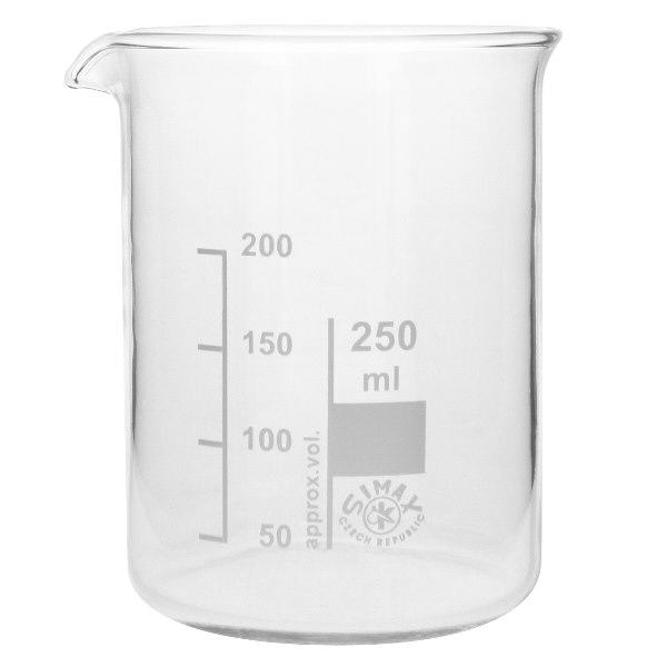 Juomalasi 250ml borosilikaattilasi, matala muotoinen Korkealaatuisesta borosilikaattilasista valmistettu 250ml dekantterilasi, jossa on kaatonokka ja asteikko laboratorioon ja keittiöön.