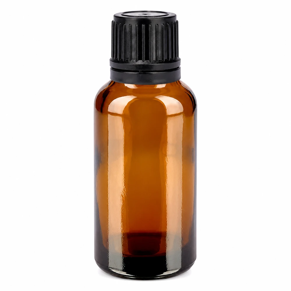 30ml ruskea lasipullo mustalla korkilla eteerisille öljyille ja kosmetiikalle.