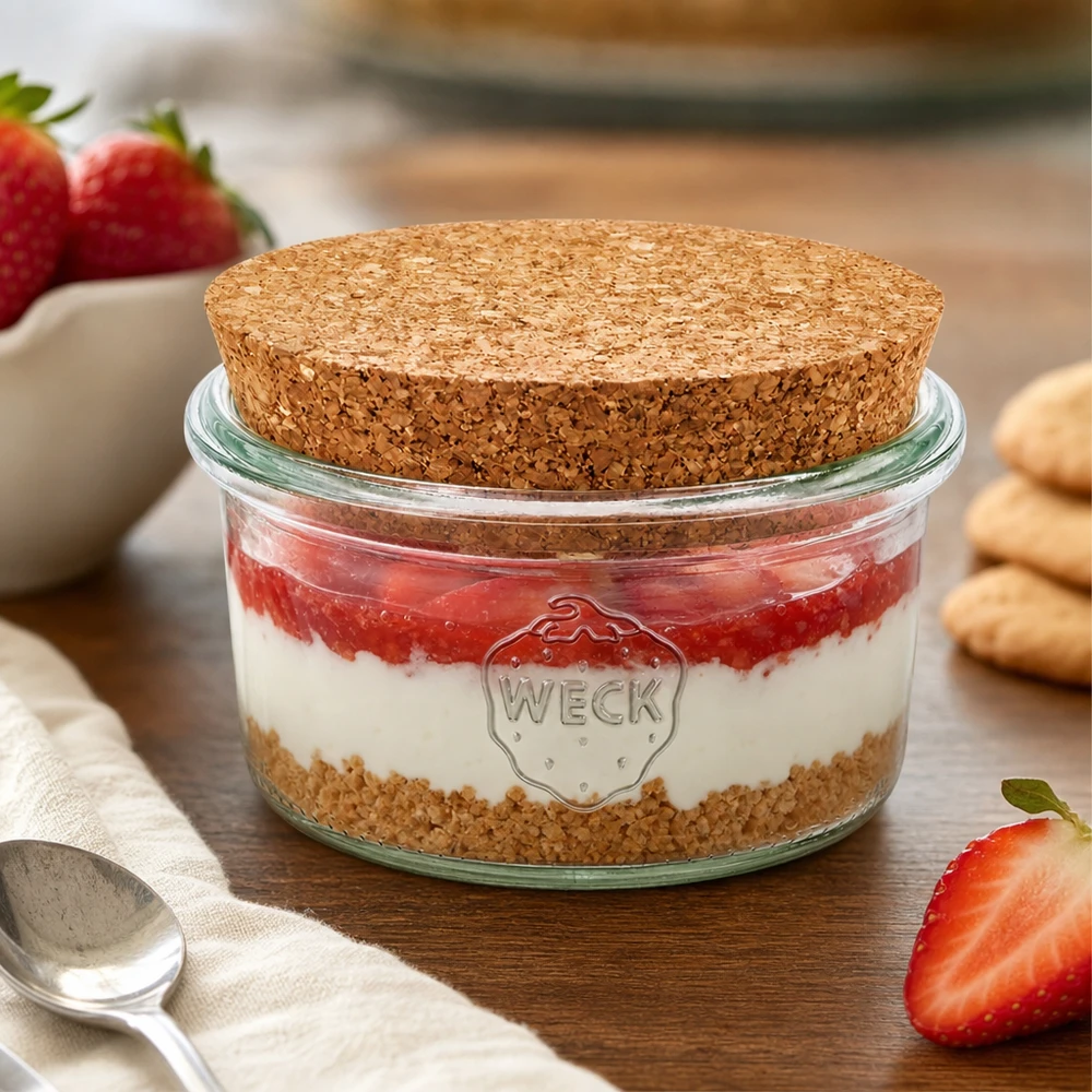 165ml juomalasit WECK RR80 korkilla luonnonvärinen WECK Sturzglas 165ml mit Korkdeckel als Dessertglas für Erdbeer-Tiramisu dekoriert mit frischen Erdbeeren