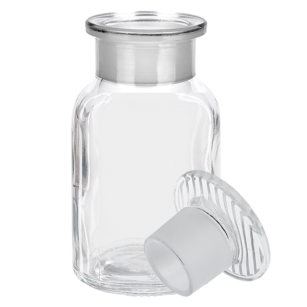 Pyöreä olkapääpullo 100ml kirkas leveäkaulainen lasitulppa Läpinäkyvä, pyöreäolkapäinen 100 ml:n pullo, jossa on lasitulppa ja leveä kaula, laboratorio- ja apteekkikäyttöön