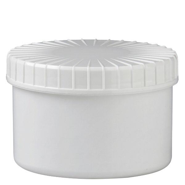 Valkoinen 250 ml:n ruuvikorkkinen purkki, jossa on uritettu kansi. Valkoinen 250 ml:n ruuvikorkkinen purkki, jossa on uritettu kansi.