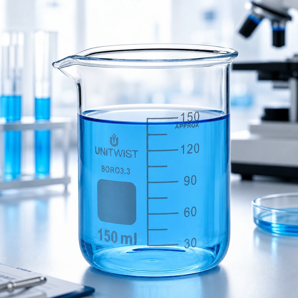 UNiTwist-lasimuki 150 ml, borosilikaattilasia 3.3, matala malli, jossa on sinistä nestettä laboratoriossa