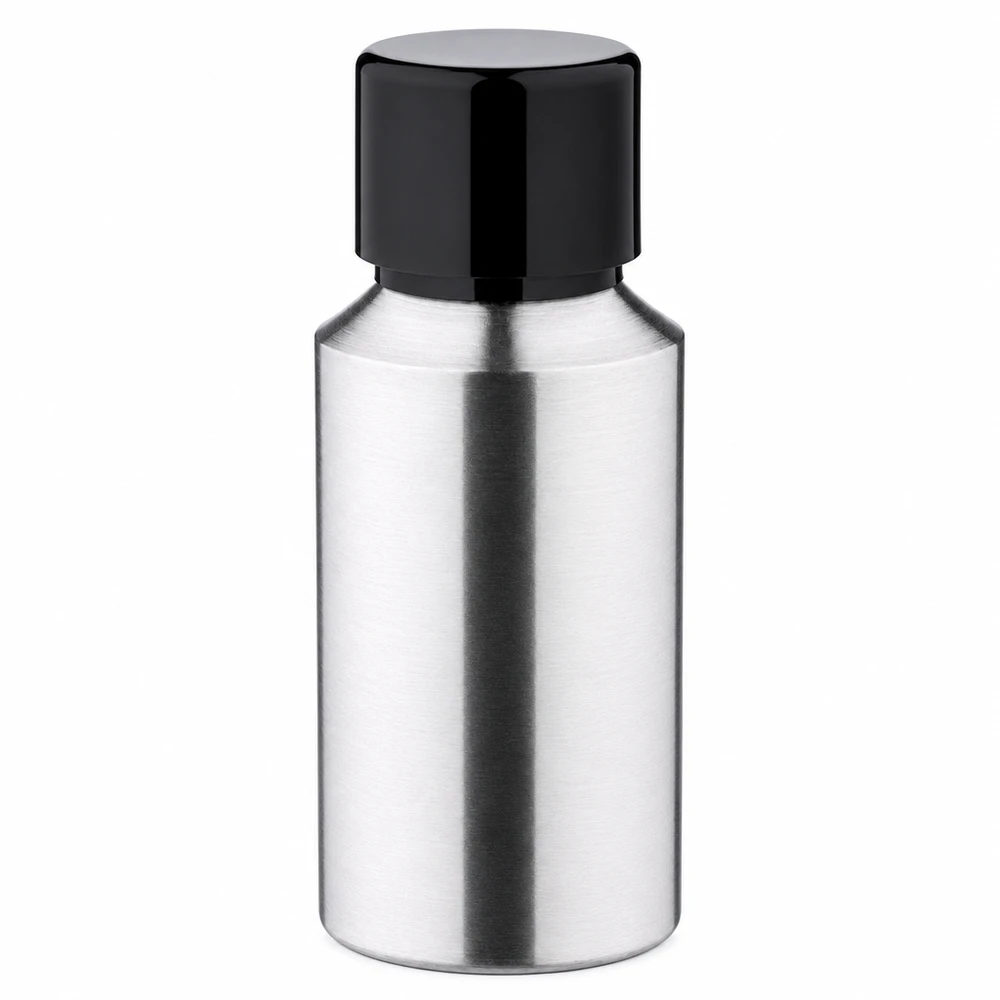 30ml kiillotettu alumiinipullo, jossa on kierrekorkki 30ml alumiinipullo mustalla harjattua alumiinia olevalla kierrekorkilla kosmetiikkaan ja öljyihin.