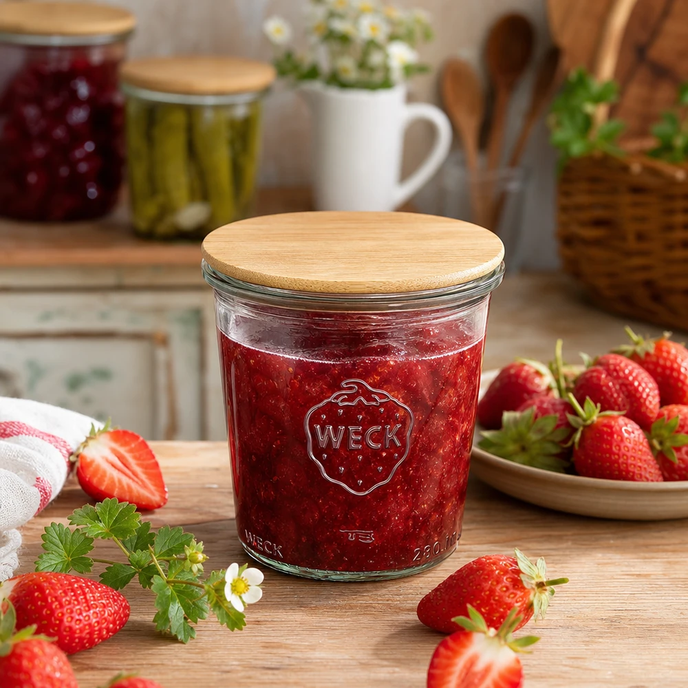 WECK-säilykepurkki 290ml, jossa on bambukansi, täynnä mansikkahilloa tuoreiden mansikoiden ympäröimänä puupöydällä.