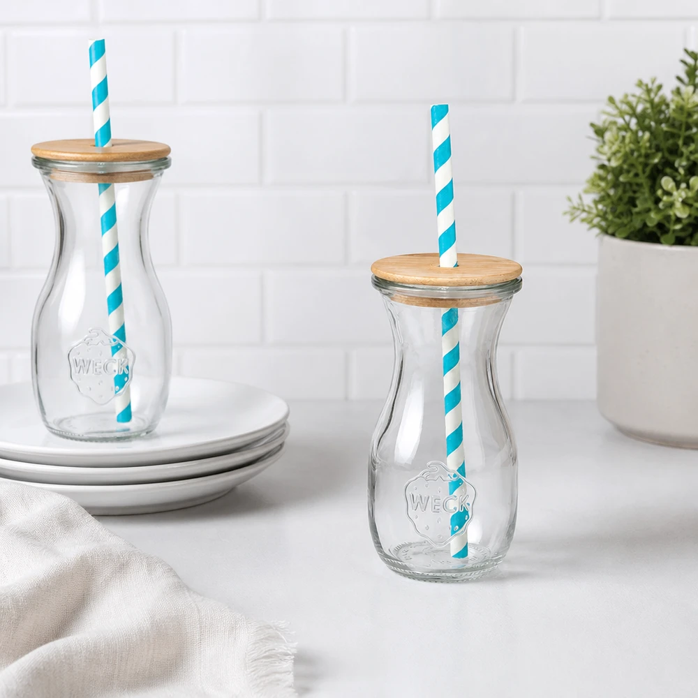 6 x WECK 290ml mehupullo RR60, jossa on puukansi ja 100 ekologista S 2 WECK lasipullot 290ml puukansi turkoosi-valkoinen eco oljet keittiön sisustus valkoinen laatat levy kasvi