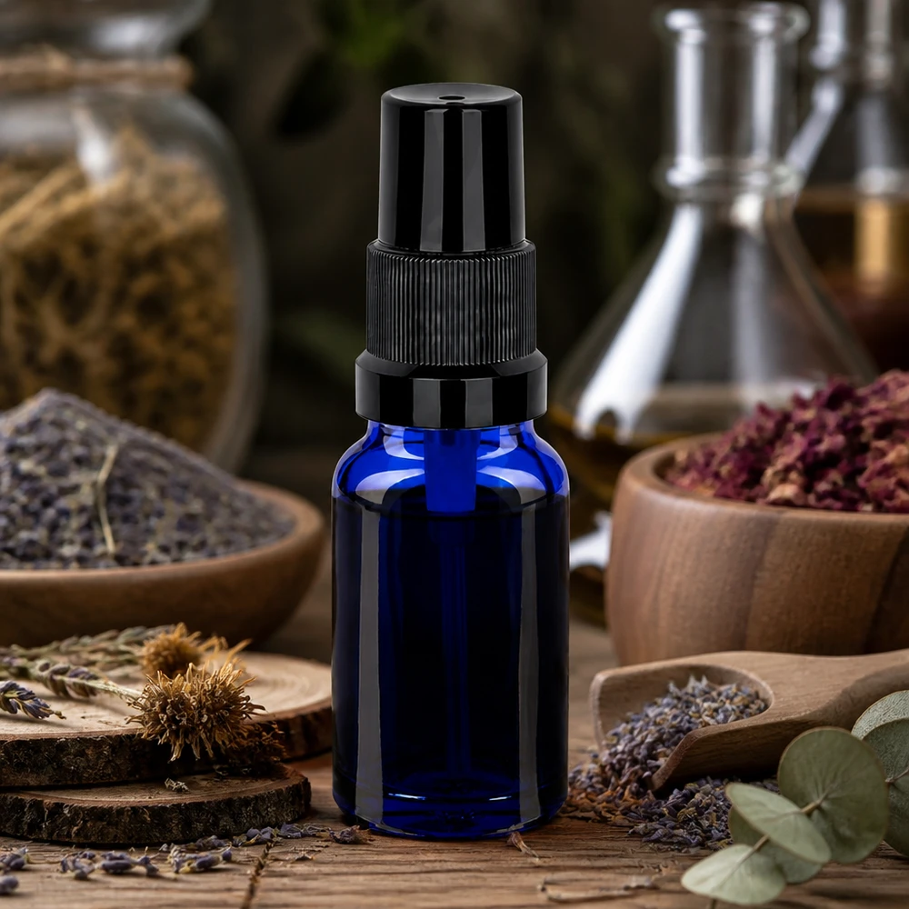 Premium-lasinen suihkepullo 10ml STD BlueLine UT18/10 korkealaatuisella mustalla sumuttimella ammattilaisille.