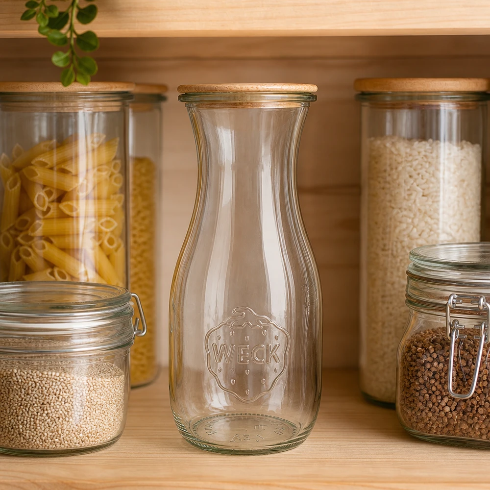 530ml mehupullo WECK RR60, jossa on puinen kansi WECK mehupullo 530ml RR60 tyhjä säilytyspurkkien välissä, jossa on pastaa ja riisiä järjestäytyneessä keittiössä, jossa on puuhyllyt