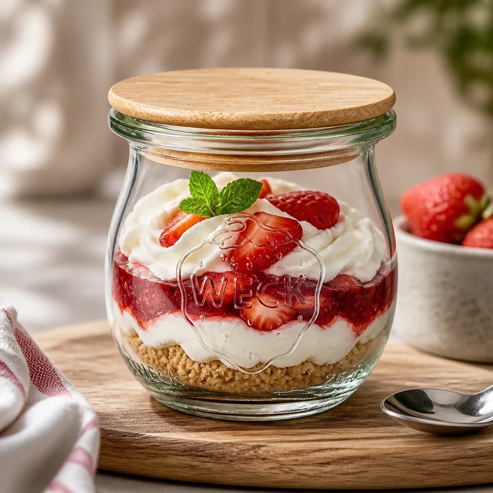 75 ml tulppaanipurkki WECK RR40 puukannella varustettuna WECK tulppaanipurkki 75ml RR40 jälkiruokapurkki, jossa on bambukansi täynnä mansikkajälkiruokaa ja kermaa puupöydällä