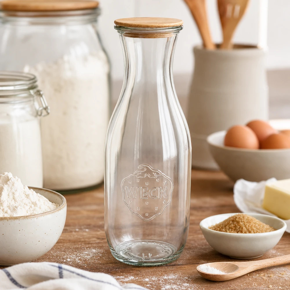 WECK mehupullo 1062ml puukannella keittiön pöydällä leivonta-aineiden, kuten jauhojen, munien ja voin, välissä.