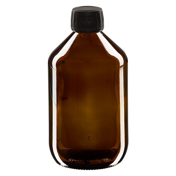 500ml lääkepullo, ruskea, musta korkki, jossa on väärentämisen estävä rengas ApoGlas 500ml lääkepullo, ruskea, musta korkki, jossa on väärentämisen estävä rengas ApoGlas
