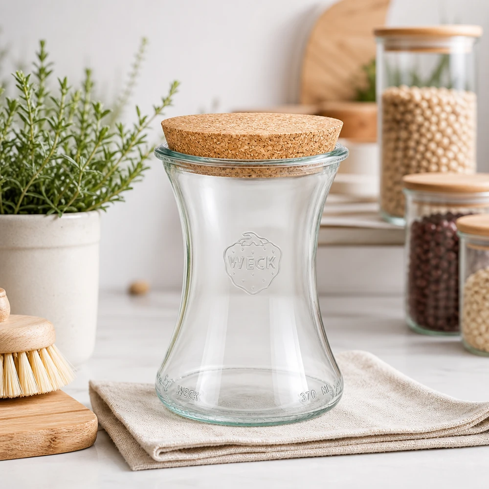 370ml herkkupurkki WECK RR80 korkilla luonnonmukainen WECK Delikatessenglas 370ml RR80 in moderner Küche mit Vorratsgläsern Kräutern und Holzaccessoires als Deko