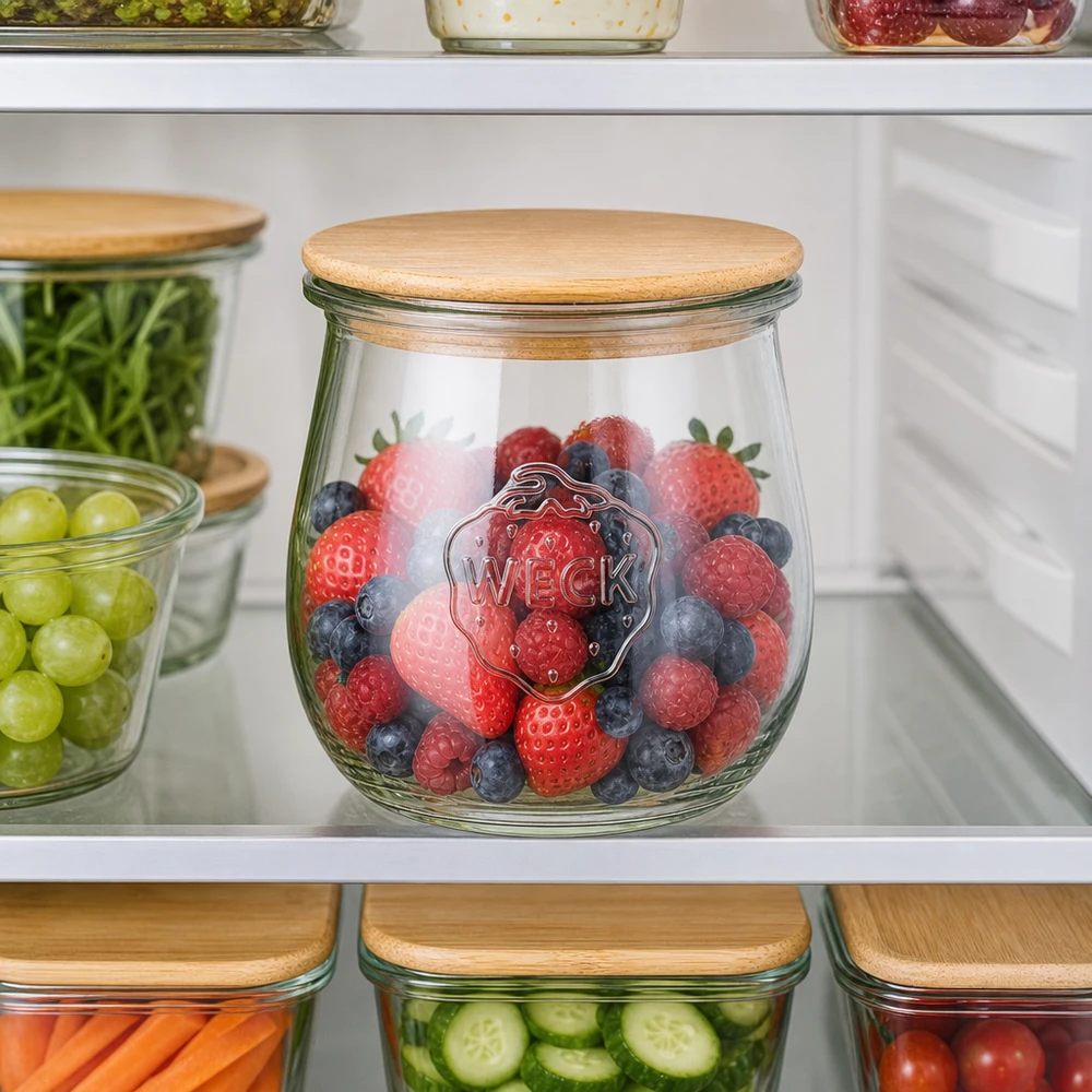 220ml tulppaanipurkki WECK RR60, jossa on puukansi WECK Tulpenglas 220ml mit Holzdeckel zur Aufbewahrung von Beeren im Kühlschrank - Frischhalteglas für Obst