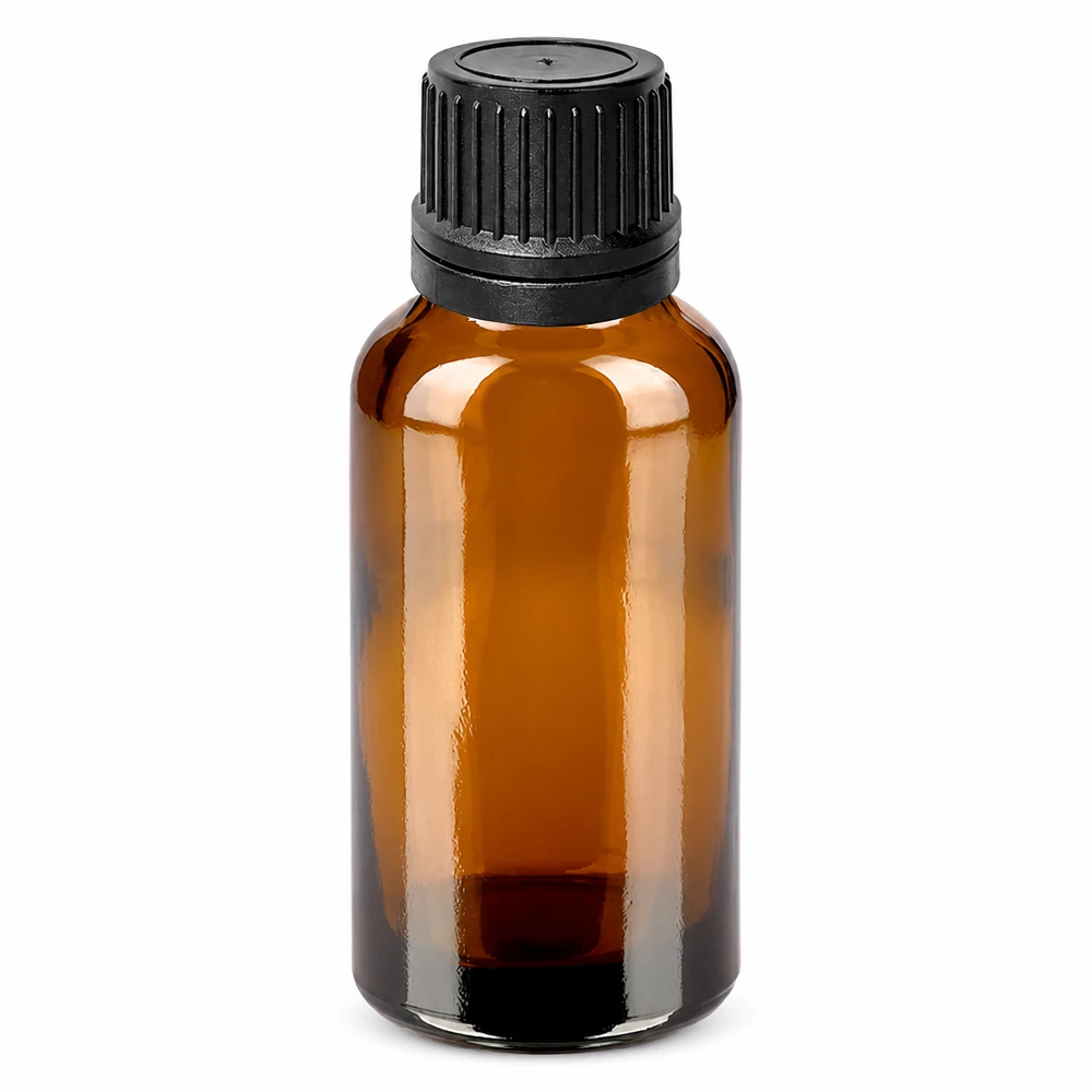 30ml ruskea lasipullo mustalla tiputuskorkilla eteerisille öljyille ja tinktuureille.