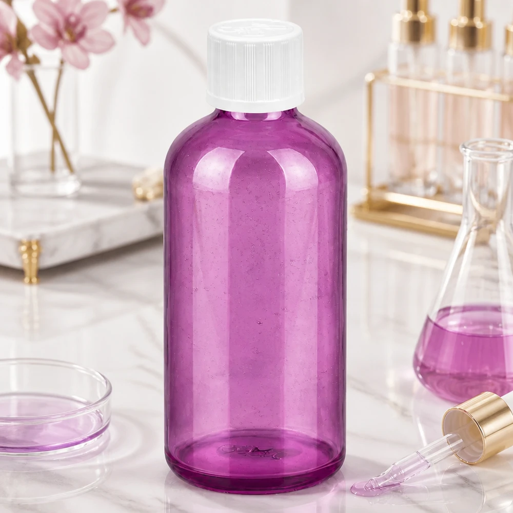 100ml tippapullo 1,2mm valkoinen vakiomallinen lapsiturvallinen PurpleLine. UT18/100 Elegantti 100ml kosmetiikkapullo violetissa värissä, jossa on hieno 1.2mm tippaputki seerumeille ja öljyille.