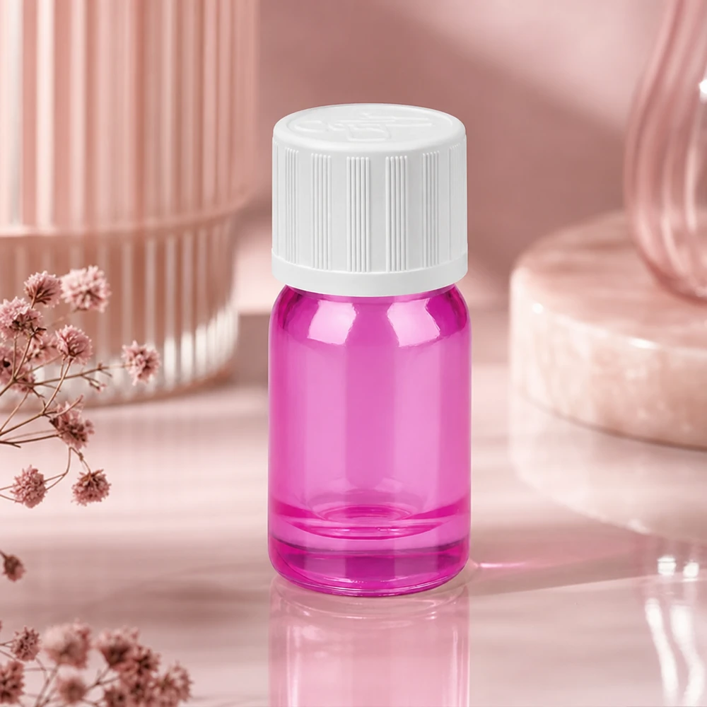 5ml pullo 11mm kierrekorkki valkoinen vakio lapsiturvallinen PurpleLine UT18/5 Pieni aromaterapiapullo 5ml kirkkaan violetti, jossa on lapsiturvallinen korkki jokapäiväiseen käyttöön.