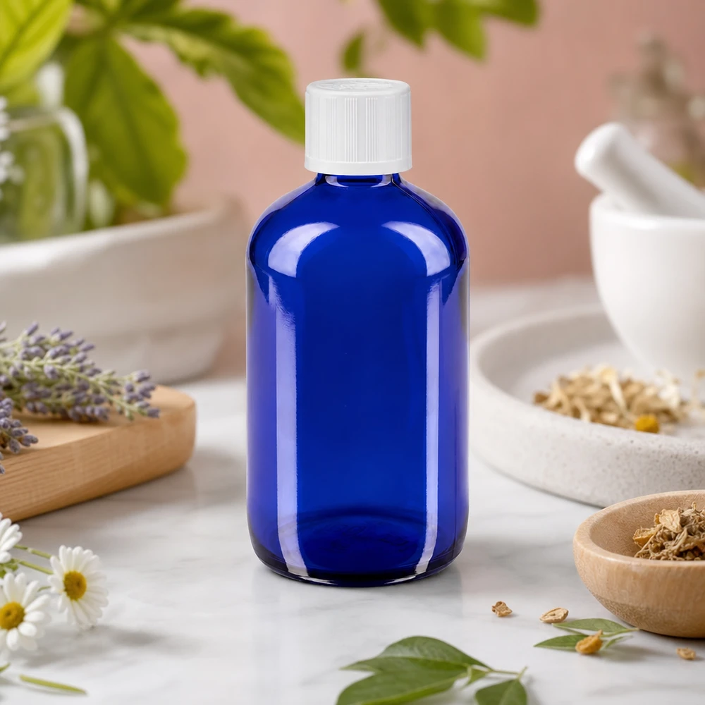 Apteekkipullo sininen 100ml tippakorkki valkoinen lapsiturvallisuusstandardi Sininen 100 ml:n apteekkipullo, jossa on tiputuslaite ja jota ympäröivät laventeli- ja kamomillankukat