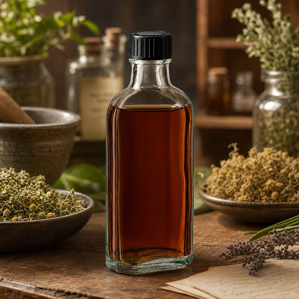 100 ml Meplat-kirkas kierrekorkki, jossa on EPE-sulkukiekko. Litteä 100 ml:n Meplat-lasipullo, jossa on kierrekorkki, ja sen ympärillä kuivattuja yrttejä puupöydällä