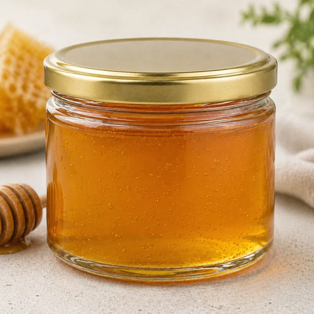 700g Honigglas mit goldenem Deckel BasicSeal UNiTWIST Hunajapurkki 700g täynnä kultaista hunajaa ja BasicSeal-kansi hunajakennon ja puisen hunajalusikan vieressä.