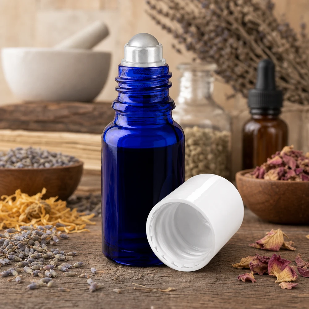 Apteekkipullo sininen 10ml roll-on korkki valkoinen Koboltinsininen 10 ml:n roll-on-pullo, jossa on ruostumattomasta teräksestä valmistettu rullapallo kuivattujen yrttien ja kukkien välissä